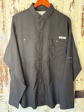 Columbia Men’s PFG Lightweight Solid Black Button Down Fishing Shirt -Large